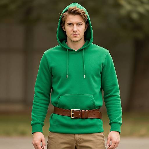 Photograph of a young, fair-skinned man with brown hair, wearing a green hoodie with hood up, brown belt, and beige pants, standing