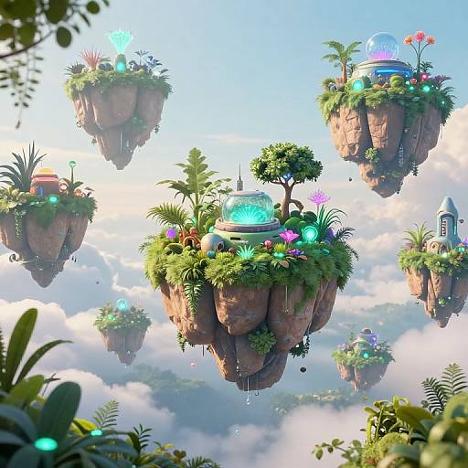 Whimsical CGI scene of floating, lush, rock islands with colorful, glowing structures and vibrant flora, set against a bright, cloudy sky.