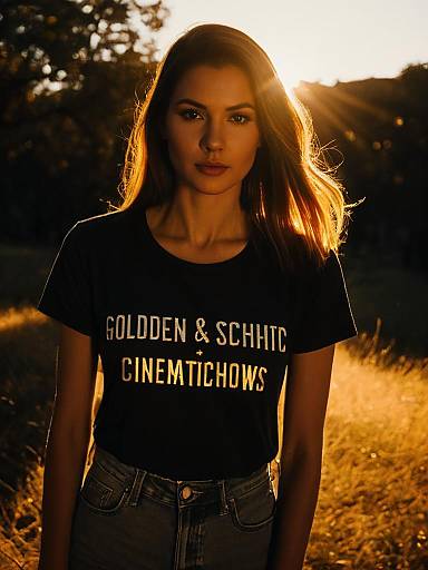 Portrait of woman in casual graphic t-shirt at sunset