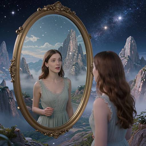 Photograph of a fair-skinned woman with long brown hair in a green lace dress, standing before an ornate, gold-framed mirror reflecting a