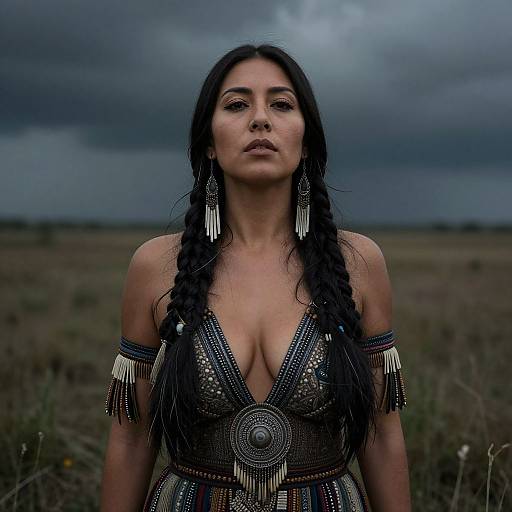 Photograph of a serious woman with long black braids, wearing a deep V-neck, beaded, fringe-adorned dress, standing in a