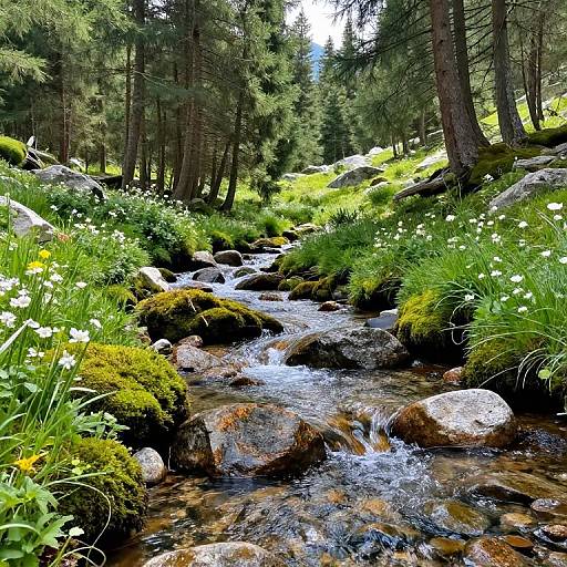 Photograph of a lush forest stream with clear water flowing over moss-covered rocks, surrounded by vibrant green grass and white wildflowers. Tall trees form a