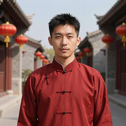 East Asian Man in Traditional Red Qipao on Chinese Street