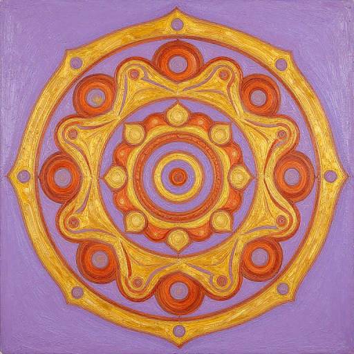 Abstract painting of a golden, circular, symmetrical design with red accents on a purple background, featuring intricate, ornate patterns and circles.