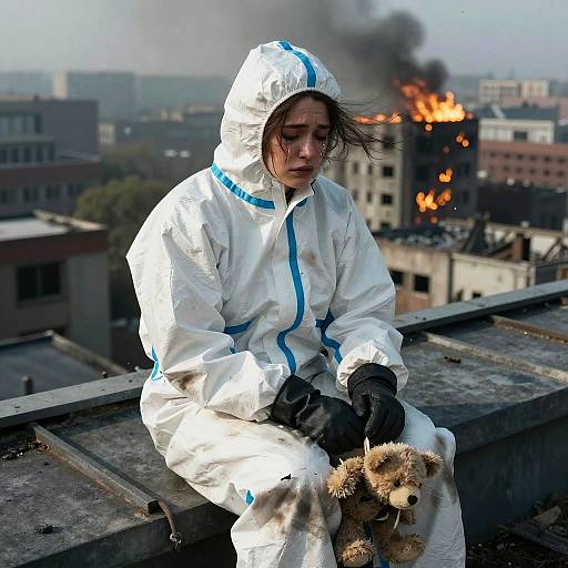 Photograph of a somber woman in a white hazmat suit, black gloves, and hood, sitting on a rooftop amid burning buildings, holding a