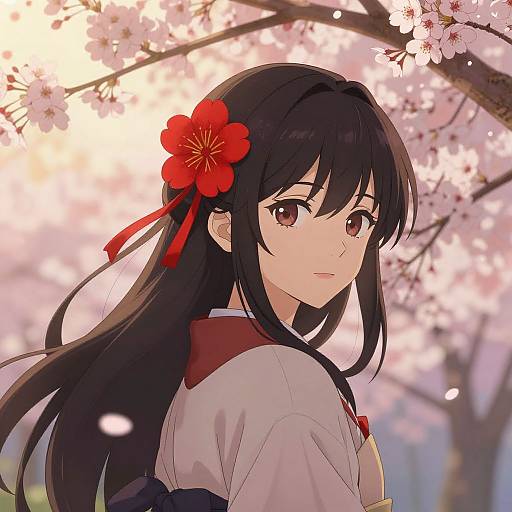 Anime-style digital illustration of a young woman with long black hair, red flower hairpin, and cherry blossom tree background, wearing a traditional white and red