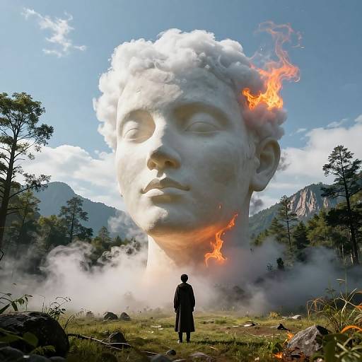 Photorealistic digital artwork: Giant white marble face with fiery edges, smoke, and mountain background; small figure in dark coat stands below.