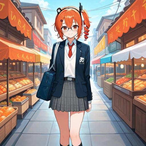 Cheerful Schoolgirl in Bustling Market Scene