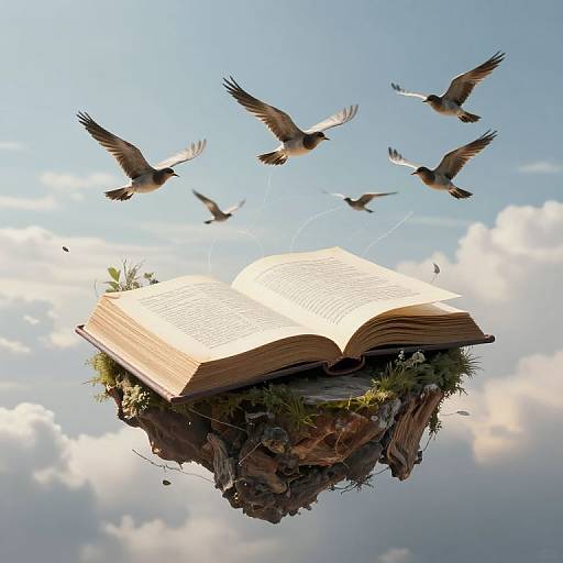 Photograph-like digital art: Open book floating on rocky island with greenery, surrounded by six flying birds, against a bright blue sky with clouds.