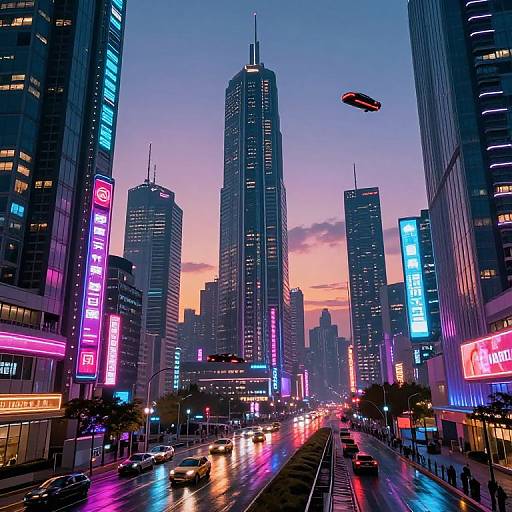 Neon-lit, futuristic cityscape at sunset, showing tall skyscrapers, vibrant blue, pink, and purple signs, flying drone, busy