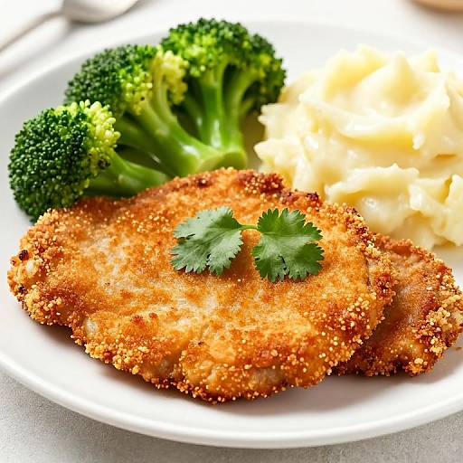 Photograph of a crispy, golden-brown breaded fish fillet with parsley, broccoli, and mashed potatoes on a white plate.