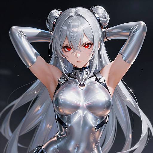 Digital anime-style drawing of a silver-haired woman with red eyes, wearing a shiny silver latex bodysuit and double buns, arms raised behind her