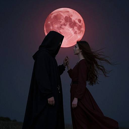 Photograph: Silhouetted woman with long hair and dark dress faces hooded figure against a glowing red full moon, creating a mysterious, romantic