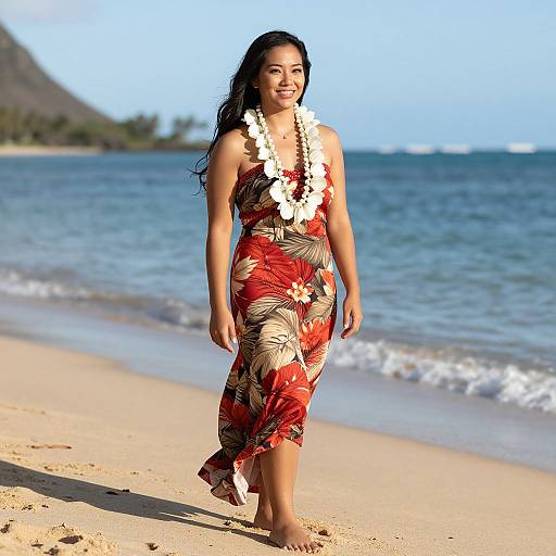 Photograph of a smiling Asian woman with long black hair, wearing a red floral dress and white flower lei, walking on a sunny beach with blue ocean