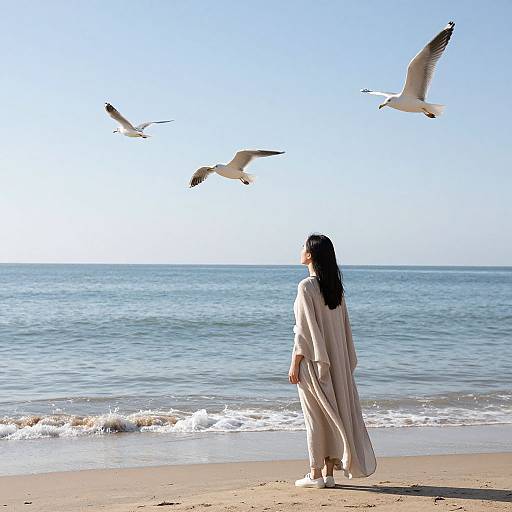 Photograph of a woman in a long white robe standing on a beach, watching three seagulls fly over the calm ocean.