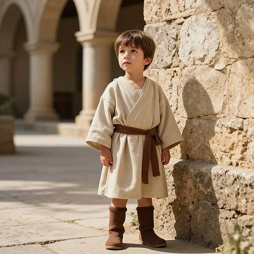 Curious Boy in Sunlit Courtyard