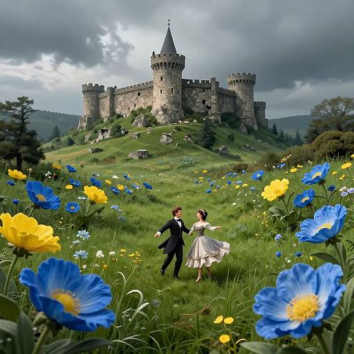 Photograph of a romantic scene: couple in black suit and white dress stand in vibrant blue and yellow flower field, with a grand medieval castle in the
