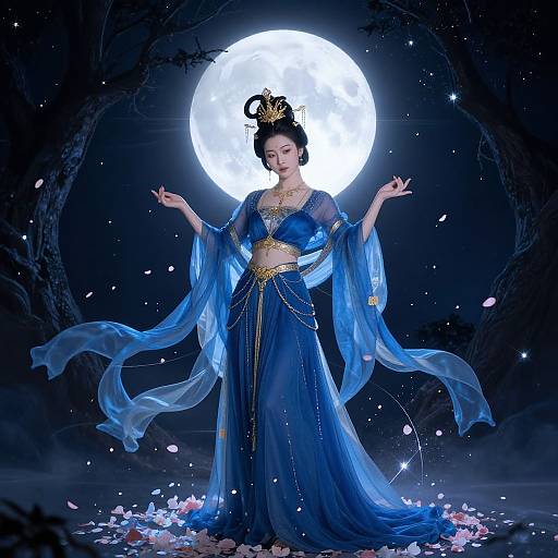 Digital art of a serene Asian woman in a flowing blue and gold dress, standing before a glowing full moon, surrounded by dark trees and falling petals.