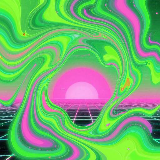 Digital art: Swirling neon green, pink, and yellow waves over a retro grid background with a bright pink sunrise. Viscous, fluid textures