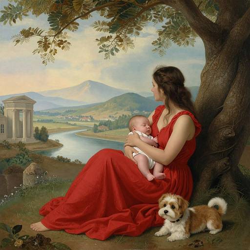 Photograph-like painting: Mother in red dress, sitting under tree, holding baby, with small dog beside, overlooking scenic river and mountain landscape.