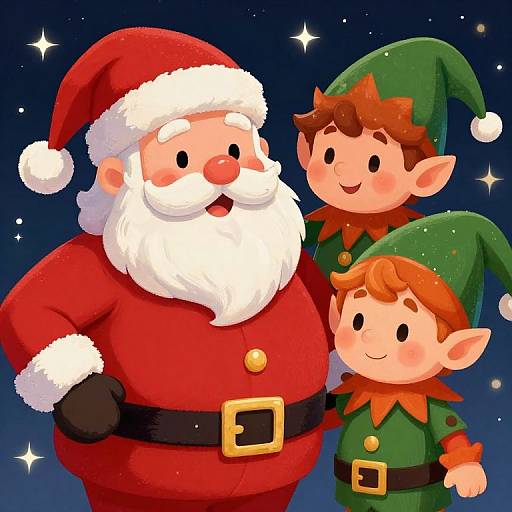 Cartoon image of a jolly Santa Claus with a white beard, red suit, and black belt, surrounded by two cheerful elves in green hats and