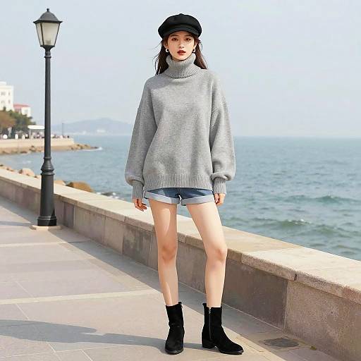 Woman in Grey Turtleneck and Shorts by Seafront