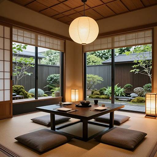 Photograph of a traditional Japanese room with a wooden table, cushions, paper lantern, and large windows overlooking a serene garden.
