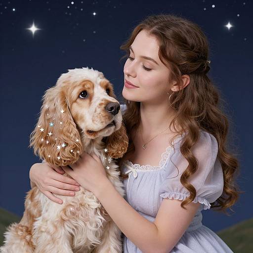 Photograph-style digital artwork of a young woman with long brown hair in a white dress, hugging a golden brown Cocker Spaniel under a star