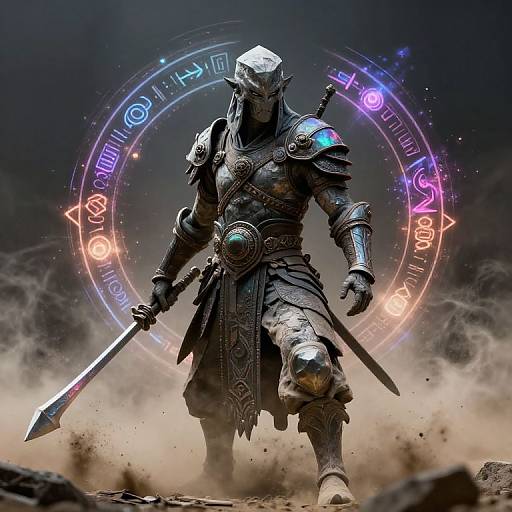 Digitally rendered fantasy warrior with metallic armor, glowing runes, and a sword, standing amidst dust and neon magical circle.
