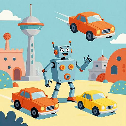 Cartoon-style illustration of a robotic figure with orange buttons and antennas, standing in a desert-like city with flying and parked orange and yellow cars, under