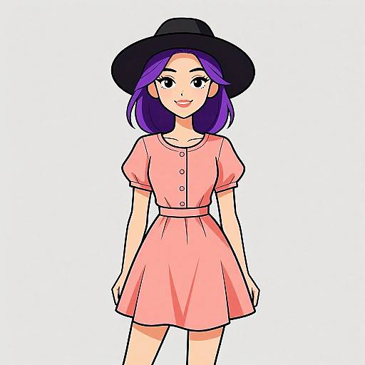 Digital anime-style drawing of a smiling young woman with purple hair, wearing a black hat and pink dress with short sleeves.