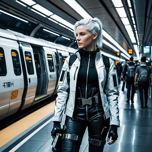 Cyberpunk Female Courier in Futuristic Metro Station