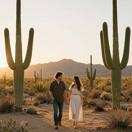 Photograph of a couple holding hands in a desert at sunset, surrounded by tall cacti, wearing casual and white dress, mountains in background.