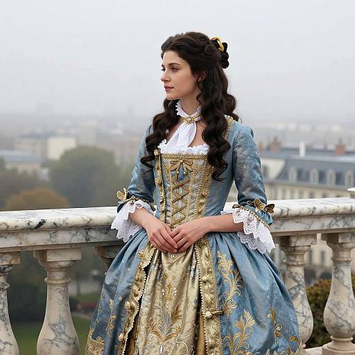 Photograph of a fair-skinned woman with long, wavy black hair, wearing an elaborate blue and gold 18th-century-style dress, standing