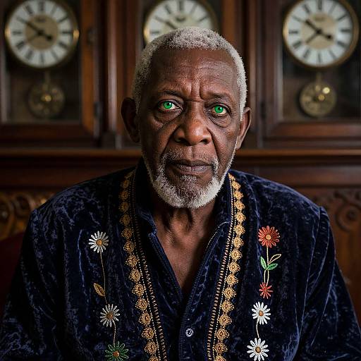 Photograph of an elderly African man with grey hair, green eyes, and white beard, wearing a black velvet robe with colorful flower embroidery, against a