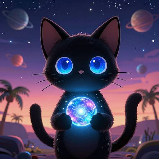 Digital illustration of a cute, black, cartoon cat with enormous blue eyes holding a glowing, cosmic sphere under a starry, pink-purple sunset sky with
