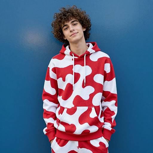 Photograph of a young man with curly brown hair, wearing a red and white cow print hoodie, standing against a solid blue background, hands in pockets