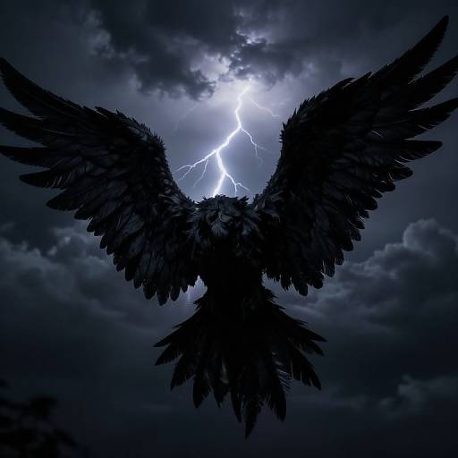 Silhouette of black angel wings with lightning bolt centered between them against a dark, cloudy sky. Digital art.