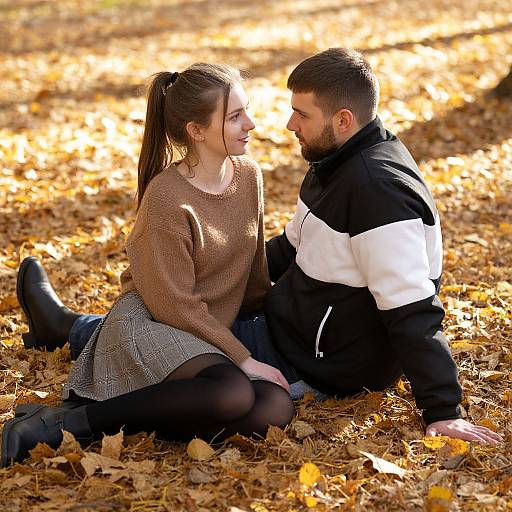 Photograph of a couple sitting on an autumn leaf-covered ground, smiling at each other. She wears a brown sweater and plaid skirt, he in