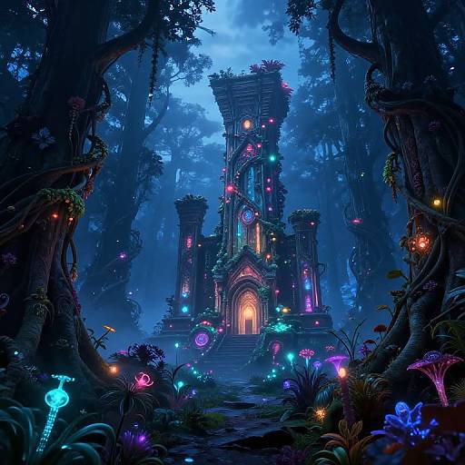 Digital fantasy art of a glowing, bioluminescent, ancient temple in a mystical, dark blue forest, surrounded by vibrant, colorful mushrooms and lights