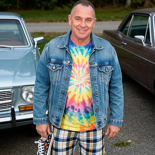 Middle-aged man with short hair, smiling, wearing denim jacket, tie-dye shirt, and plaid pants, standing between vintage cars in driveway.