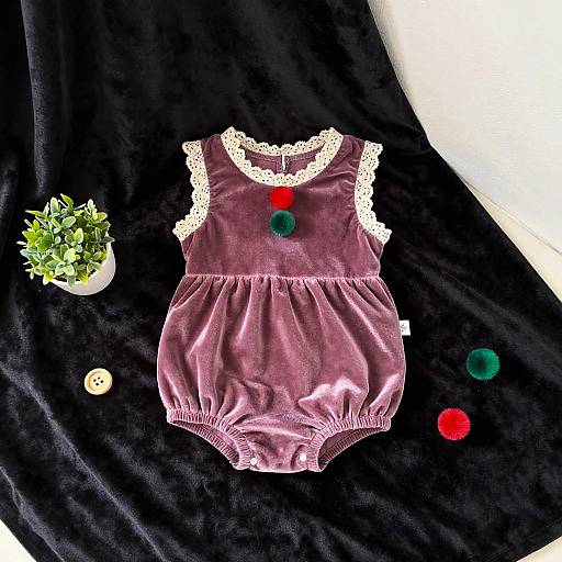 Photograph of a purple velvet baby dress with white lace trim, green and red pom-poms, on black fabric, with a small potted plant