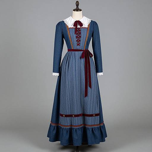 Victorian-era blue dress with white lace collar, red ribbon accents, and detailed lacing on bodice, displayed on mannequin against gray background