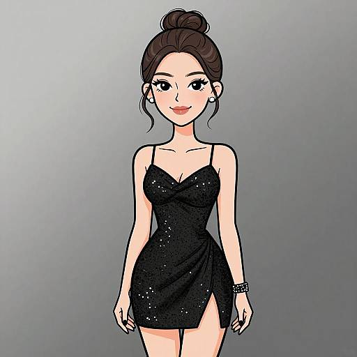 Digital illustration of an attractive Asian woman with fair skin, black hair in a bun, wearing a short, sparkling black dress, standing against a gradient gray
