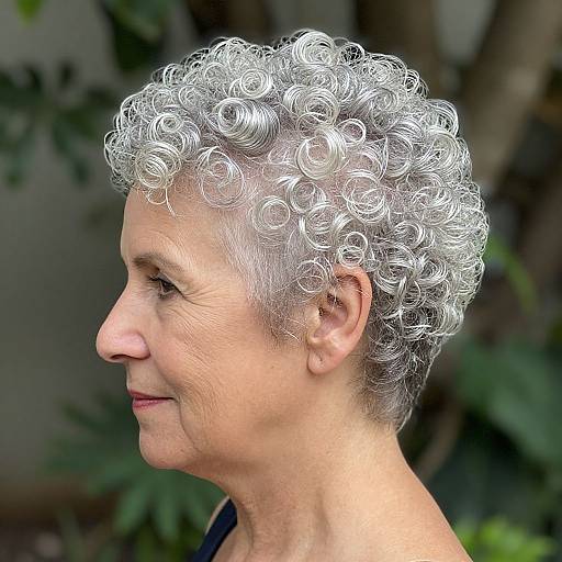 Photograph of an elderly woman with short, silver curly hair, light skin, and a serene smile, set against a blurred green leafy background.