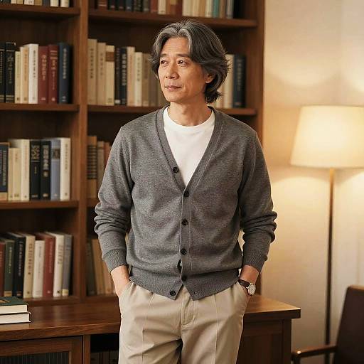 Photograph of a middle-aged man with medium-length black hair, wearing a gray cardigan, white shirt, and beige pants, standing in a well