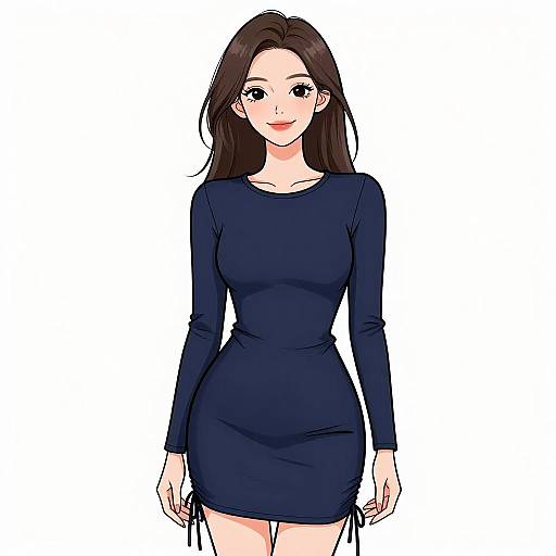 Digital anime-style drawing of a smiling woman with long brown hair, wearing a tight, dark blue, long-sleeve mini dress, standing against a
