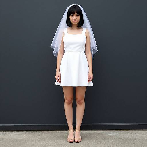 Photograph of an Asian woman with black bob haircut, wearing a white sleeveless dress and white veil, standing against a dark gray wall, in beige