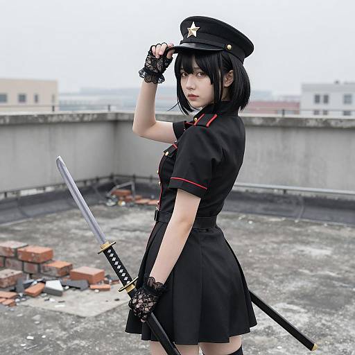Pale Woman in Military Attire with Katana