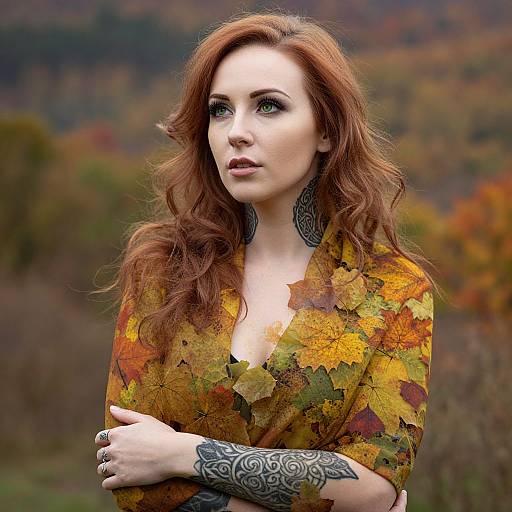 Photograph of a pale-skinned, red-haired woman with green eyes, wearing a leaf-patterned yellow and orange top, black ornate earrings,